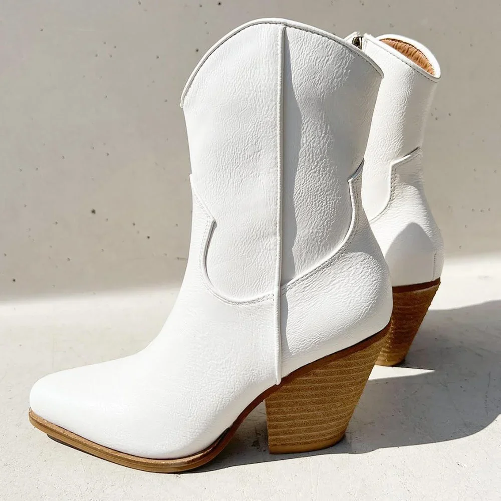 NEW Pointy Toe Stack Block Heel Western Curved Mid Ankle Booties Boots Off White - Picture 4 of 13